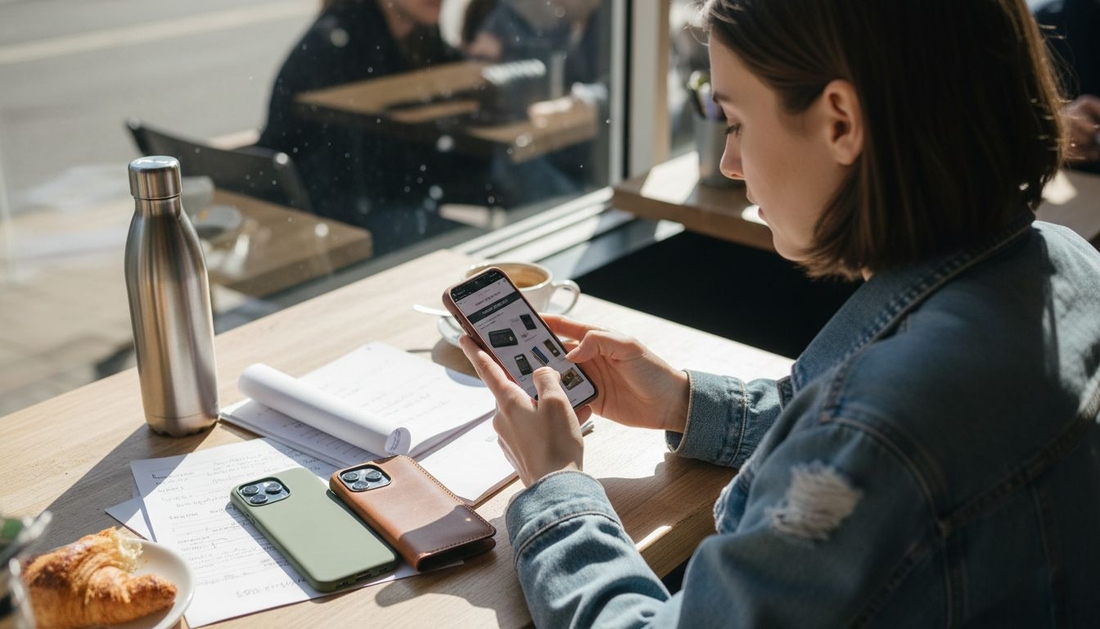 Woman comparing two phone cases at cafe