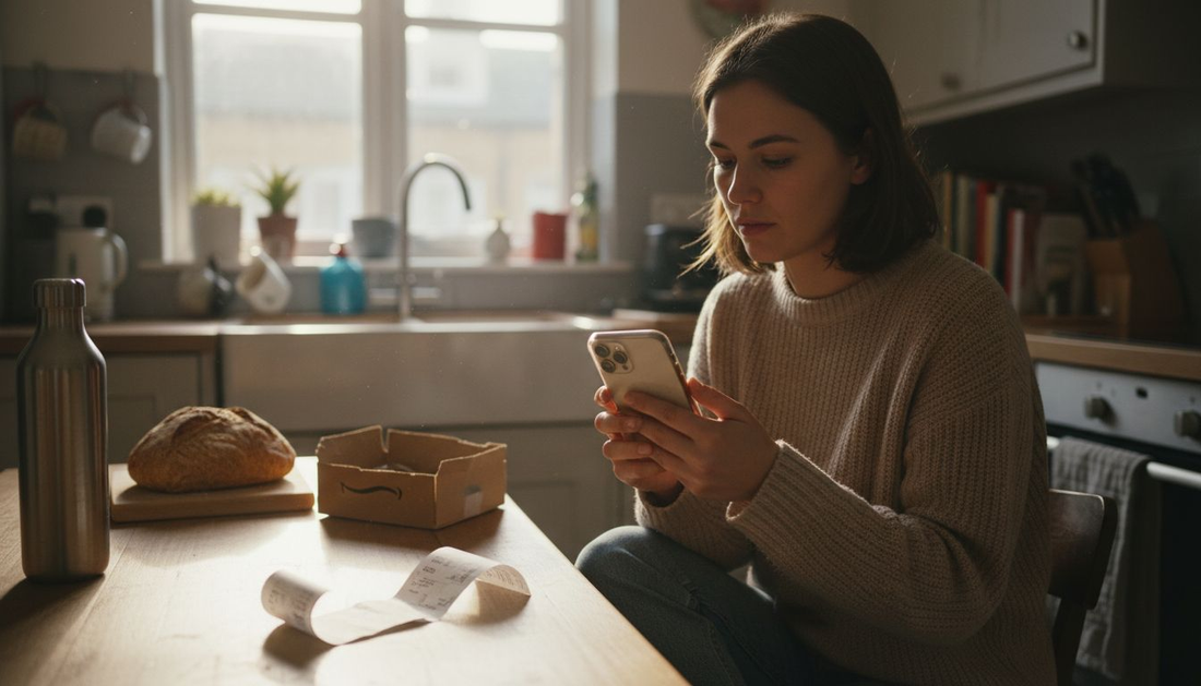 Woman inspecting phone case for safety markings