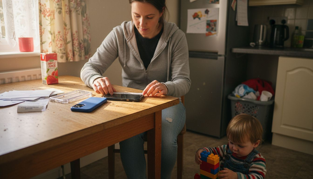 Parent measuring smartphone at kitchen table