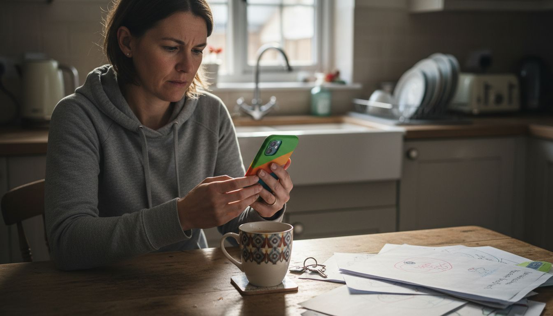 Parent examines worn phone case at table