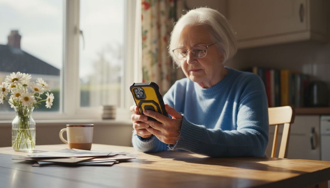 Senior woman holding phone with safe case