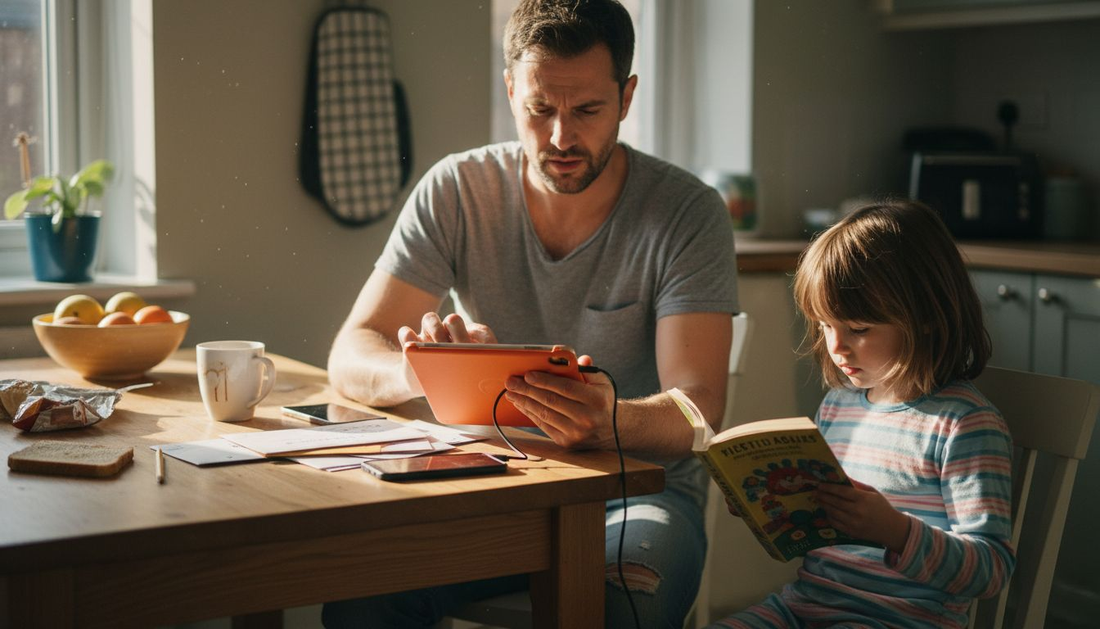 Father checking accessory safety at kitchen table