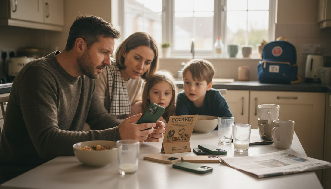 UK family examining biodegradable phone cases