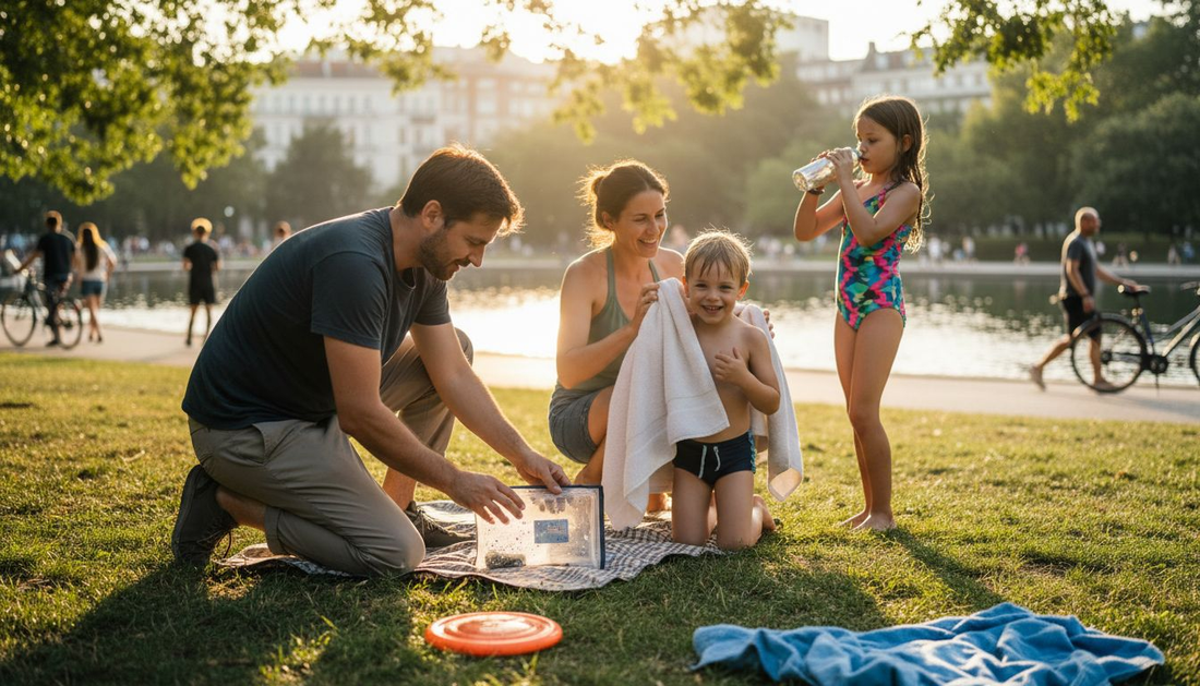 Family using phone in waterproof case outside