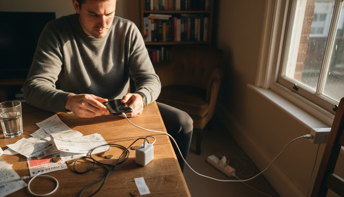 Man safely charging phone at home workspace