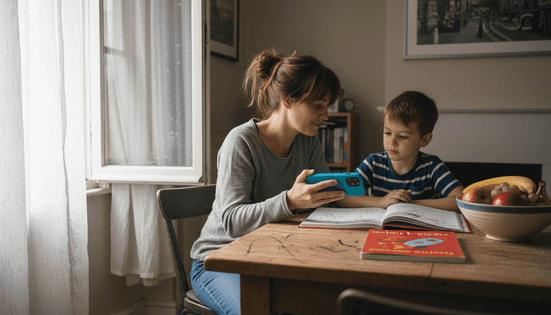 Mother and child with soft phone case at table