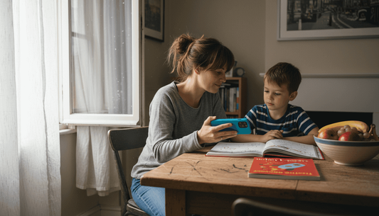 Mother and child with soft phone case at table