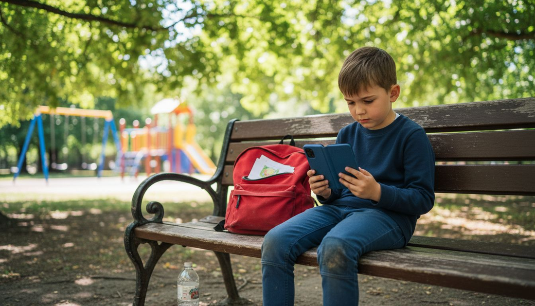Child in park using flip case-covered phone