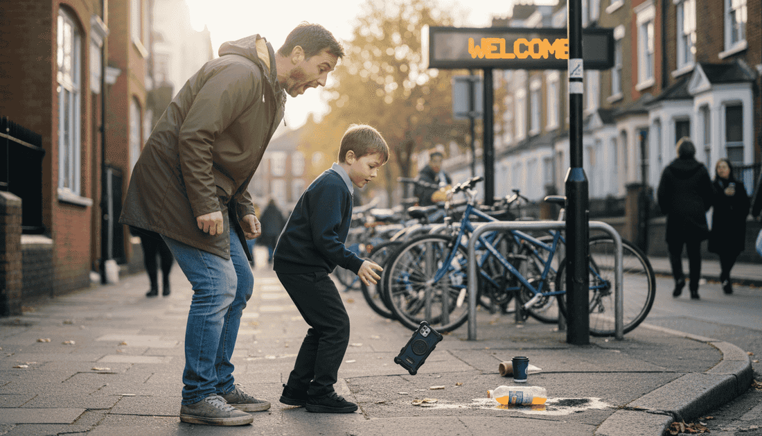 London parent watching child drop rugged-cased phone