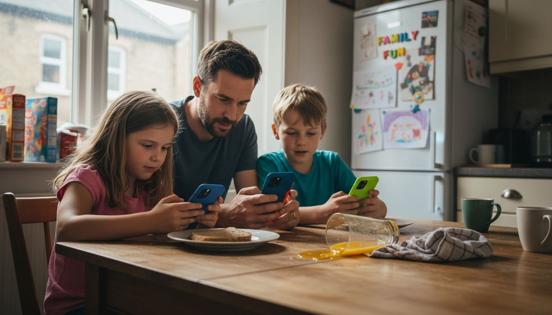 Family using phones with double-layer cases at kitchen table