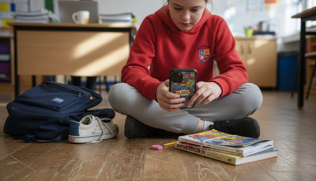 Child with phone case on classroom floor