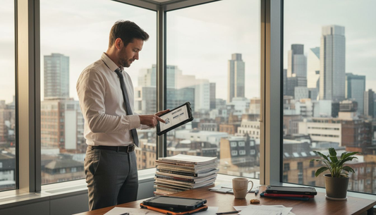 UK office worker showcasing rugged tablet cover