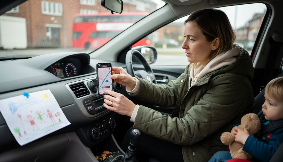 Parent adjusts phone on magnetic car mount